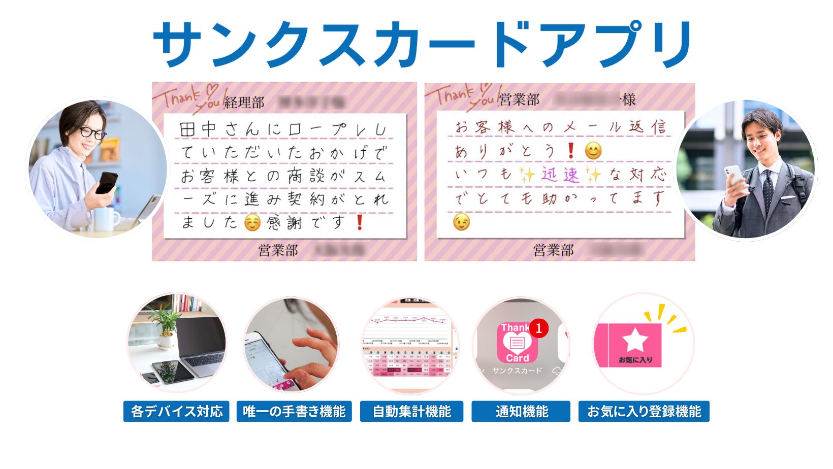 サンクスカードアプリの手書き入力、各デバイス対応、自動集計、通知、お気に入り機能などの特徴を紹介